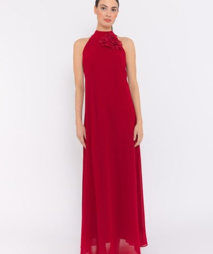Vestido Largo Flor con Detalle en Cuello