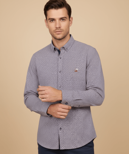 Camisa Semientallada Estampada La Vespita Burdeos y Marino