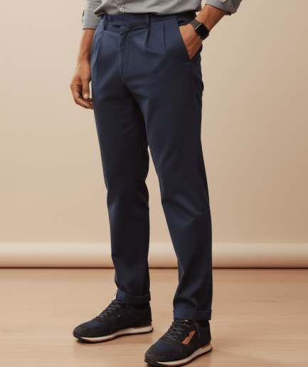 Pantalón Confort Fit de Algodón Elástico con Pinzas Cintura Corsario y Ceñidores laterales