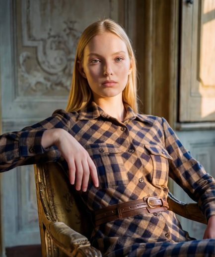 Vestido camisero de cuadros con bolsillos y cinturón aspecto piel
