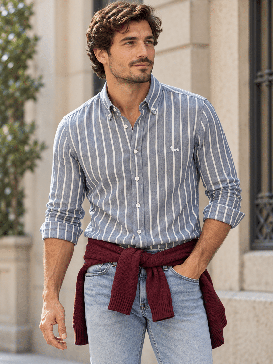 Camisa azul gris a rayas, estilo urbano