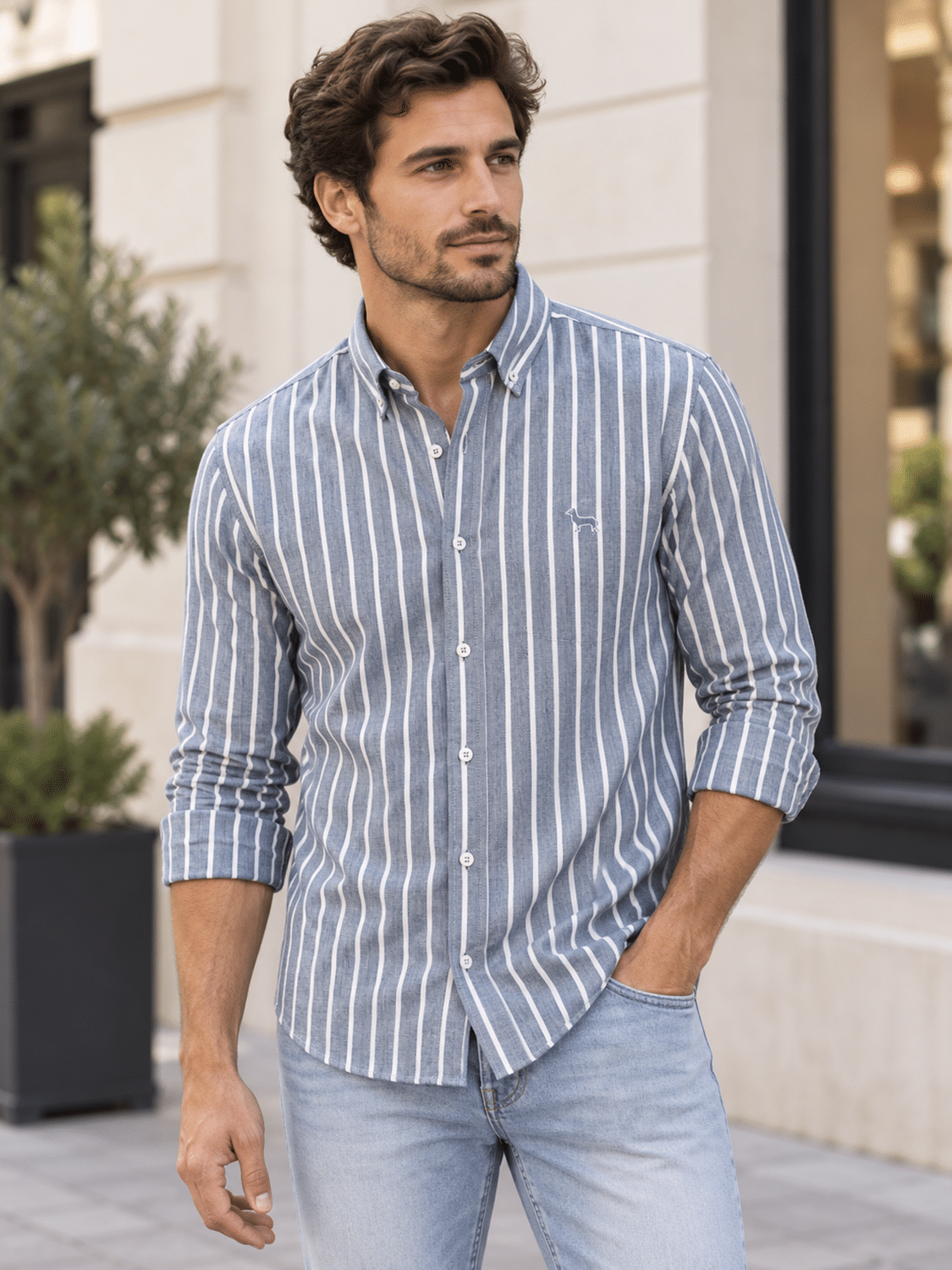 Camisa azul gris de rayas urbanas