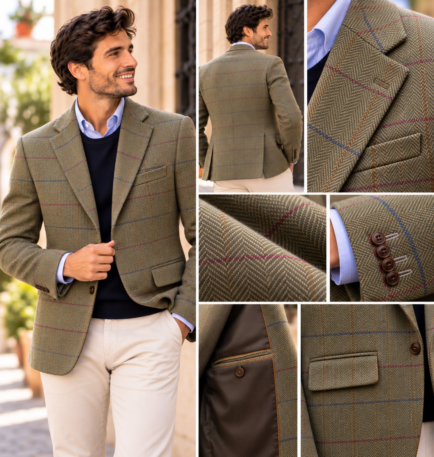 Collage editorial de blazer tweed oliva