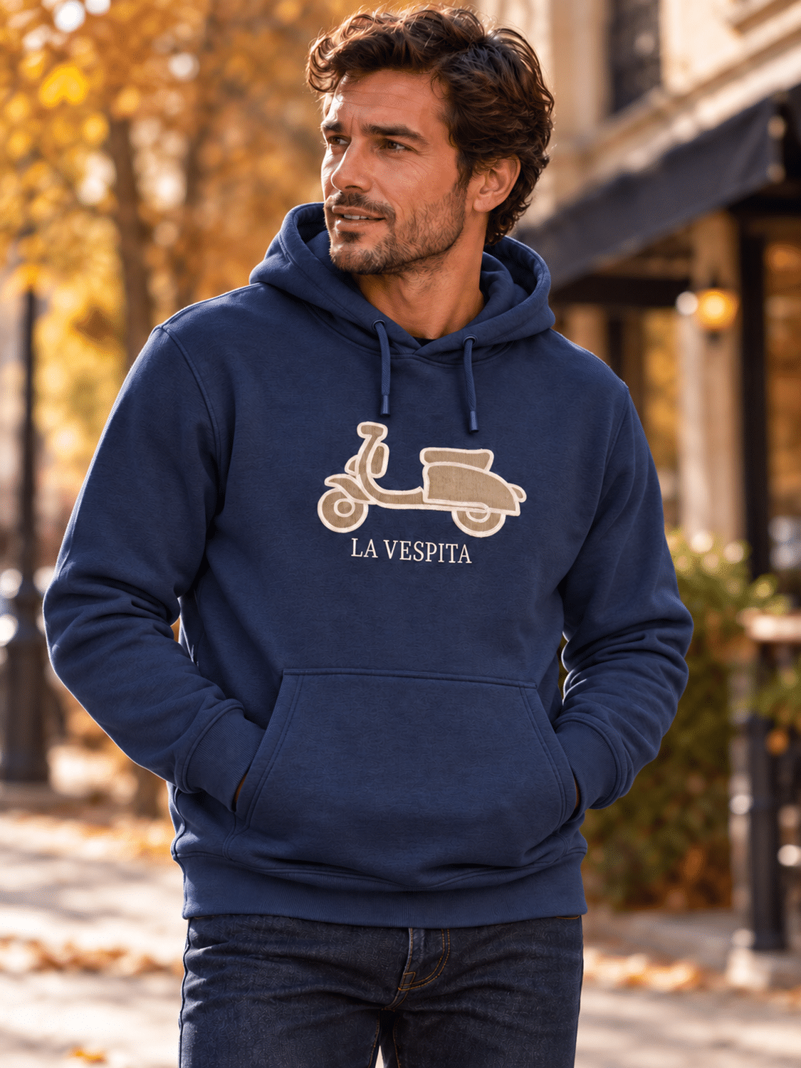 Sudadera azul marino con Vespa beige