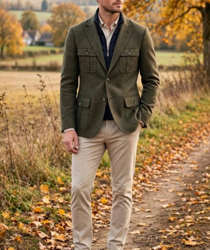 Chaqueta de Paño Estilo Espiga con Multibolsillos